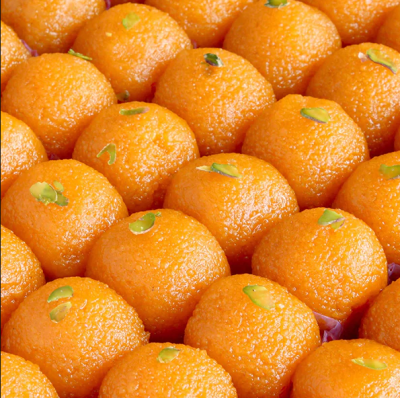 Motichoor laddu, also known as "motichoor," translating to "crushed pearls,"a ubiquitous treat in Indian festivals,